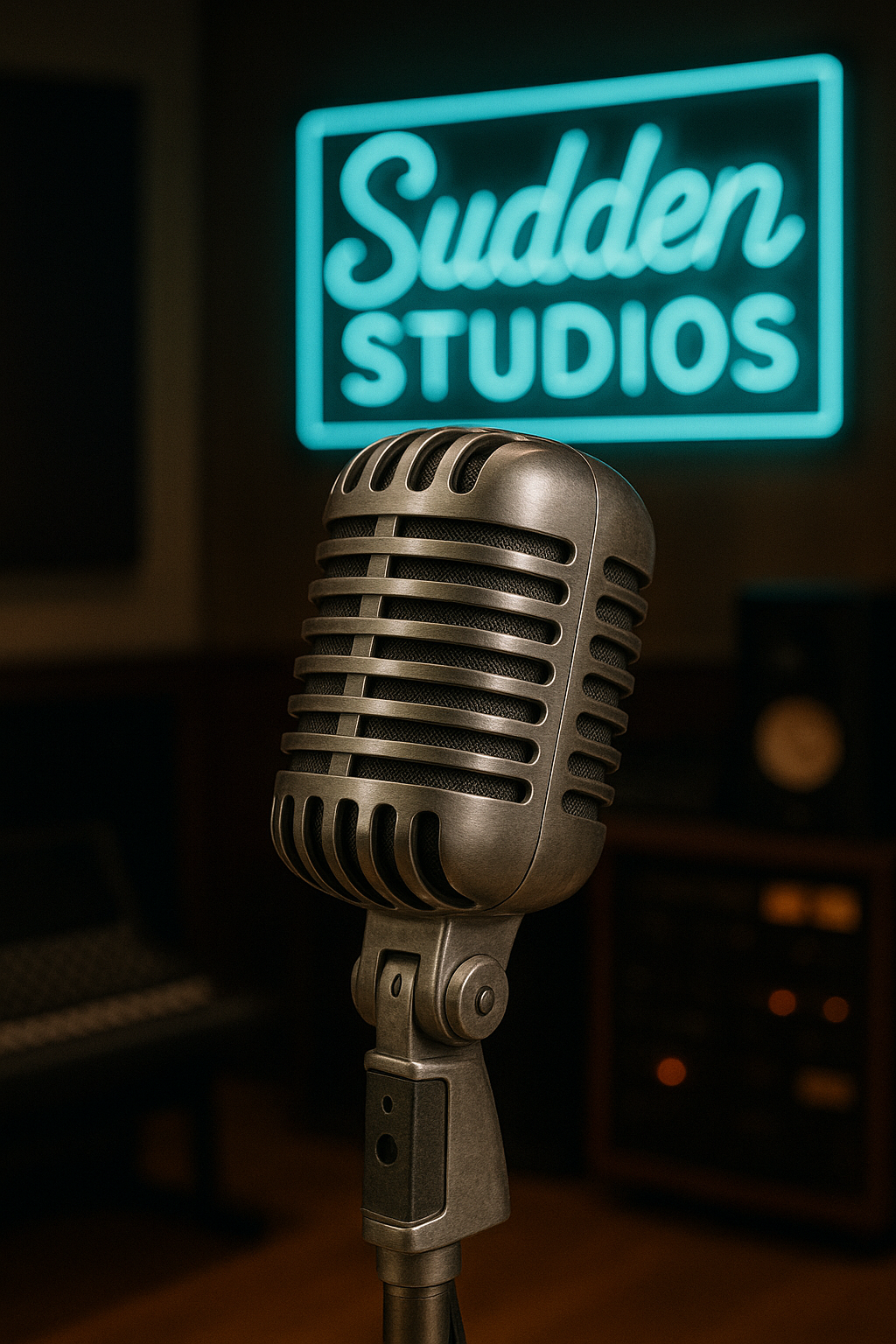 Vintage broadcast microphone in the Sudden Studios room